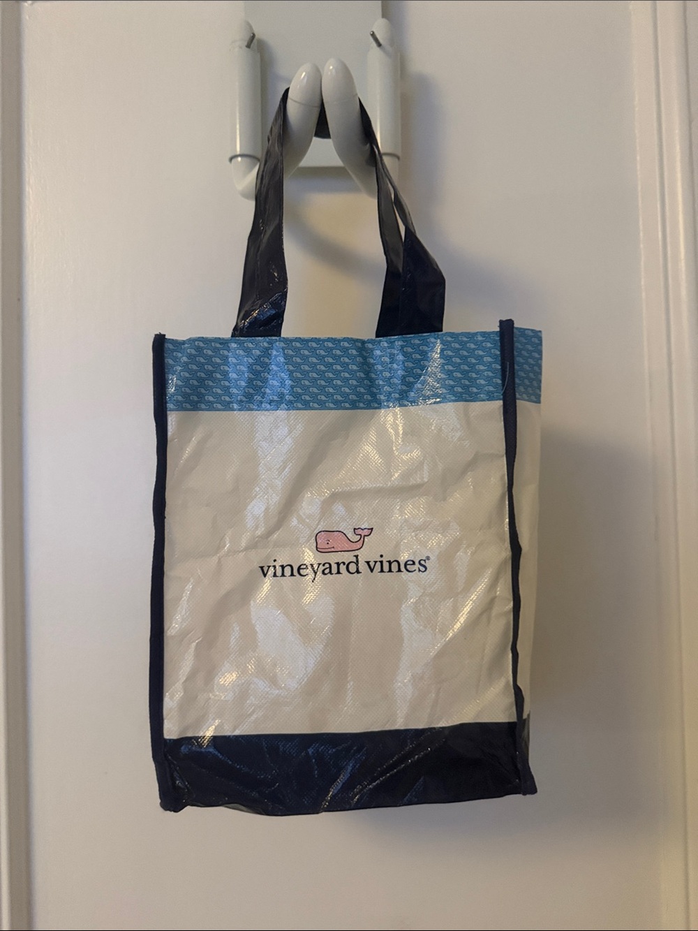 Vineyard Vines Cream Tote with Blue Trim and Pink Whale Logo